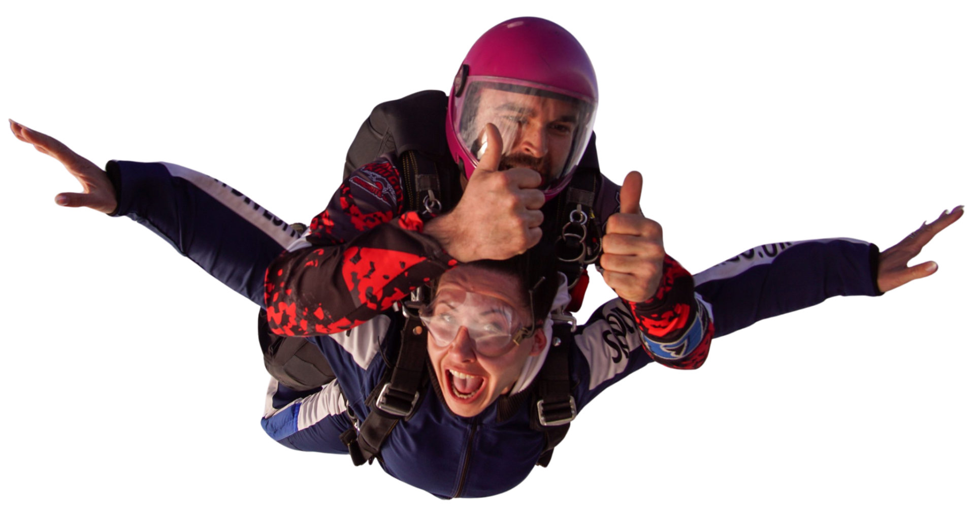 Tandem skydiving instructor and jumper in freefall during a Cumbria skydive